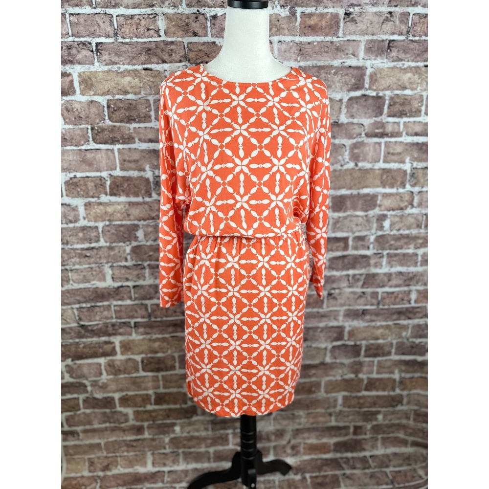 Boden Orange White Geometric Print Long Sleeve Blouson Dress US 4 WH902 - Picture 2 of 16